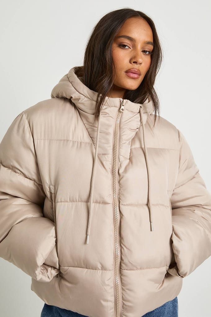 boohoo Dames Capuchon gevoerde pufferjas | Stone | Maat: 6