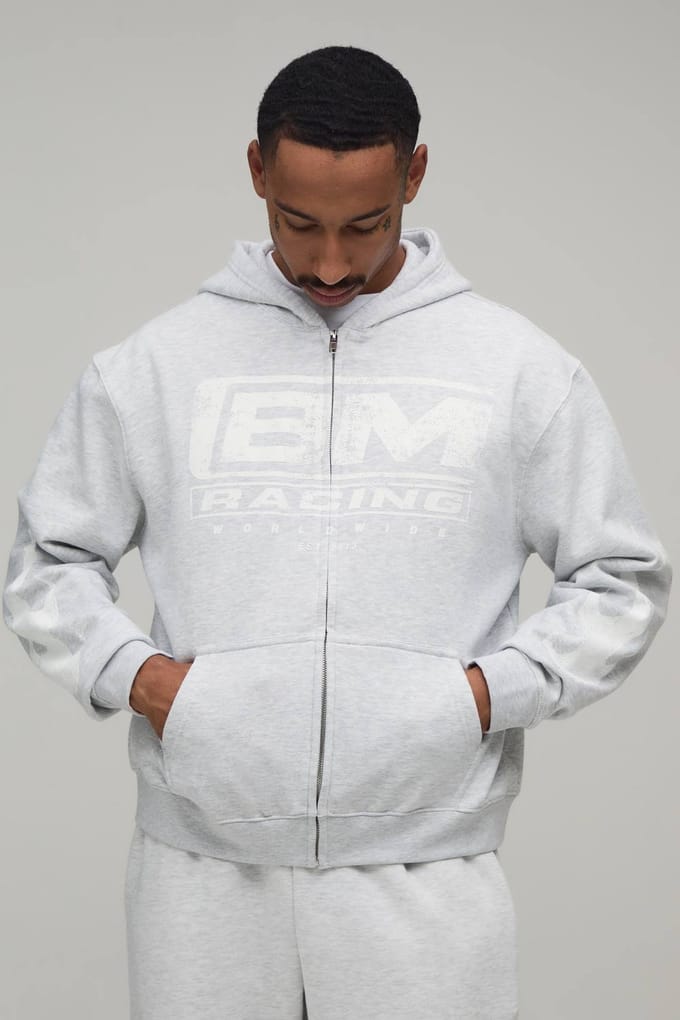 Grijze Gemêleerde Oversized Boxy Hoodie Met Raceprint En Rits | Grey Marl | Size Medium