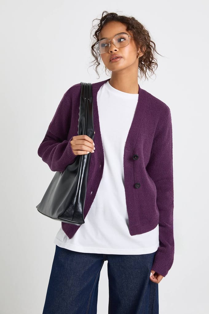 boohoo Dames Asymmetrische gebreide cardigan | Plum | Maat: Small