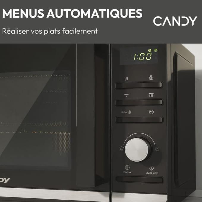 Micro-ondes Gril Candy Moderna CMGA20TNDB 700W 20L Digital Noir - Fonction Décongélation - 11 Niveaux de Puissance - 19 Menus Auto