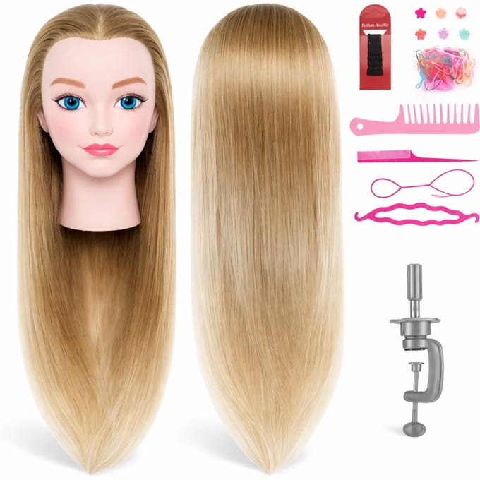 Kappershoofd Kappop Kapperspop Kaphoofd Oefenhoofd met Statief en Styling Accessoires - Blond Haar - 50 cm