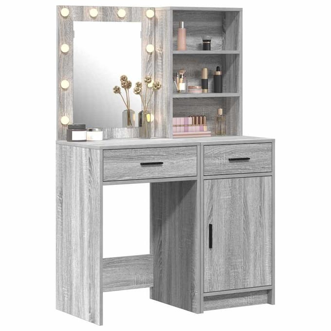 vidaXL - Dressing - tafel - set - met - LED - 2 - st - Grijs - Sonoma - Bewerkt - hout