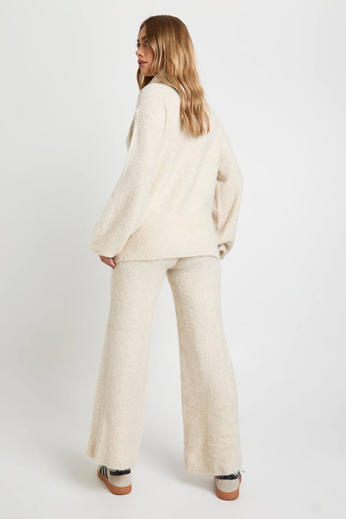 boohoo Dames Half Zip Oversized Trui en Wijde Broek Borg Gebreide Co-ord | Cream | Maat: Medium