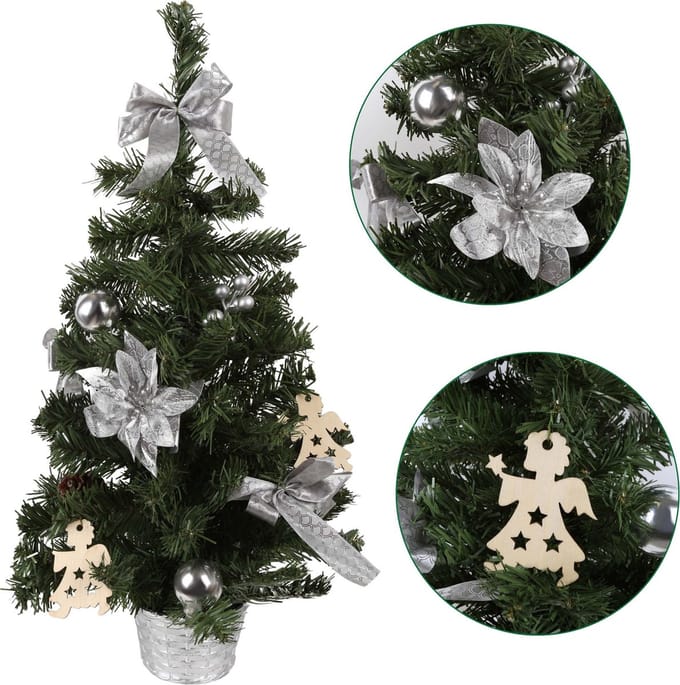 Kunstkerstboom in een pot met zilveren ornamenten 60cm