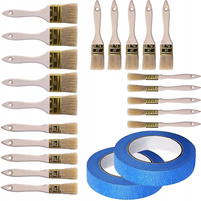 Rosfix Schilderpenseel Set - 20 Platte Penselen Natuurlijk Haar, 2x Schilderstape 40 Mm Set