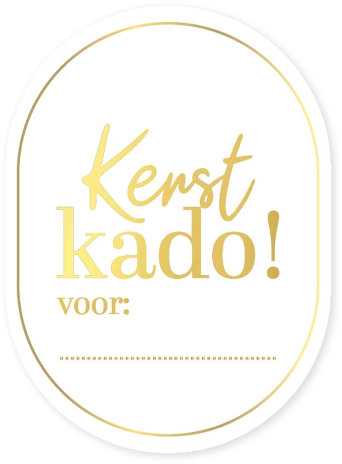 Sticker Kerst kado voor:.... ovaal 4*6 wit met goudfolie
