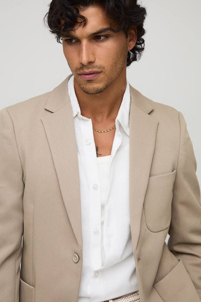Slim Fit Single Breasted Twill Pocket Detail Blazer | Stone | Size 48