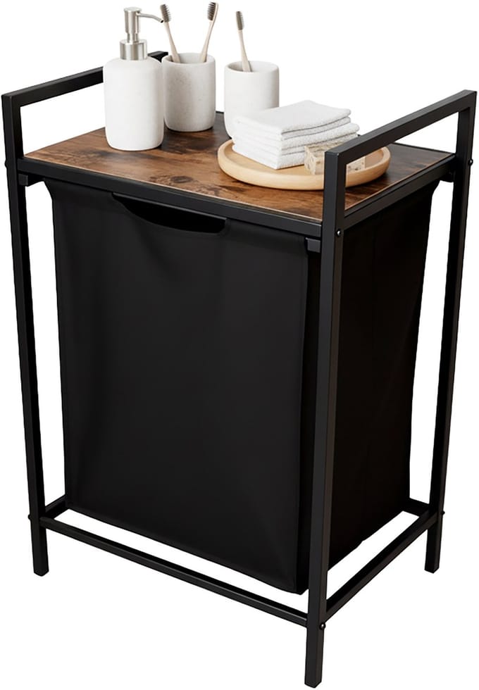 Wasmand - 65 l - met plank - uitneembare waszak - zwart-bruin