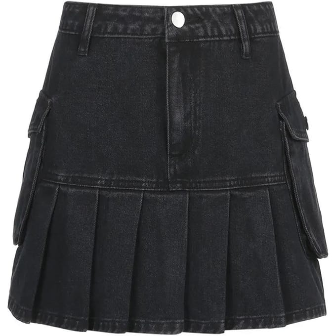 Jupe en jean pour femme Été A-line Ultra courte Plissée XXL black
