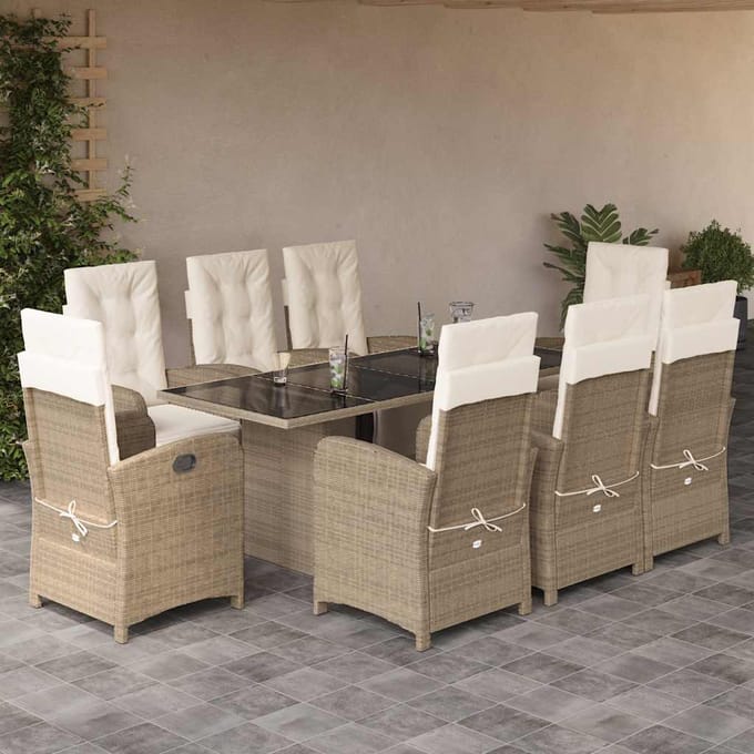 vidaXL - 9-delige - Tuinset - met - kussens - poly - rattan - beige