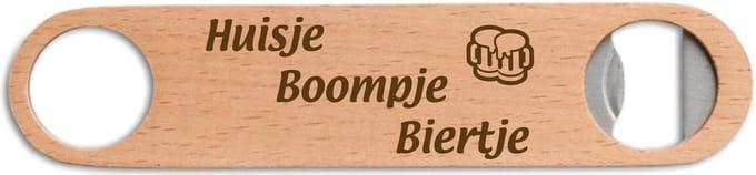 Gegraveerde bieropener/flesopener met de tekst huisje, boompje, biertje