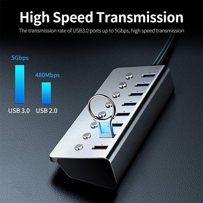 Multifunctionele 8-poorts USB-hub USB-verlengkabel met 7 USB 3.0-uitbreidingspoorten 1 Oplaadpoort grijs