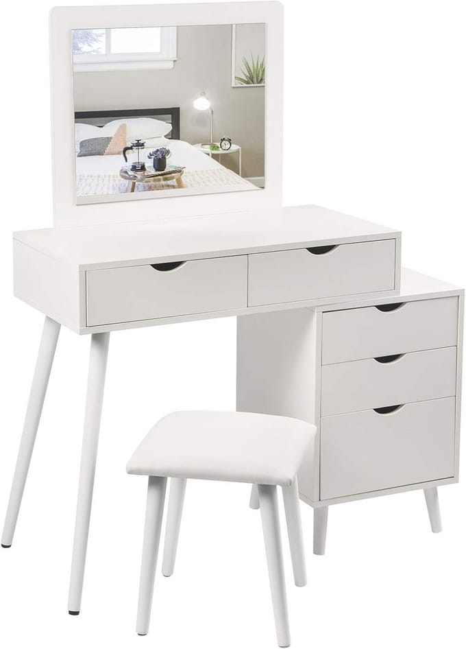 Make-up tafel met spiegel en kruk - Cosmetische tafel wit
