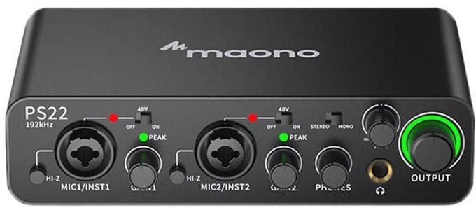 MAONO PS22 - Professionele Audio Interface - 2x2 USB - 2x XLR - 3,5 MM - 6,35 MM - 60dB - ProStudio - Fantoomvoeding 48V - Zwart