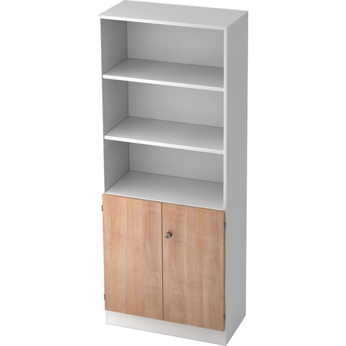 Combi-boekenkast, 5 OH, 3 open vakken + 2 afsluitbare deuren, B 800 x D 420 x 2004 mm, wit/notenhoutdecor