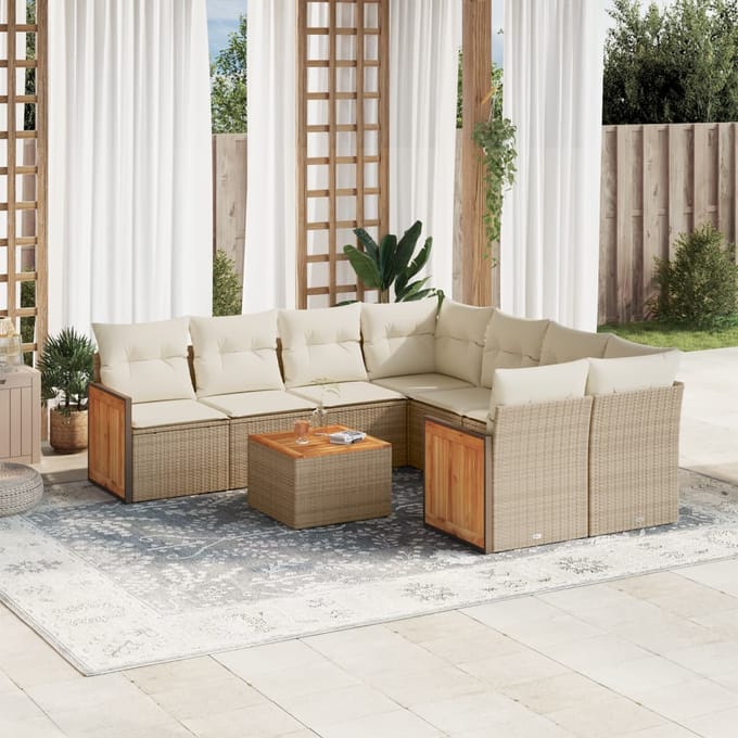 vidaXL - 9-delige - Loungeset - met - kussens - poly - rattan - beige