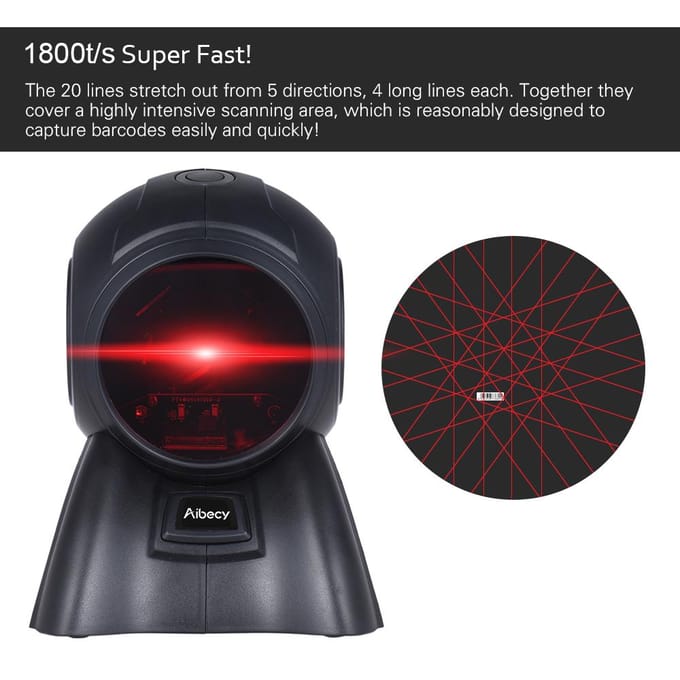 Aibecy Omnidirectioneel 20 lijnen 1D USB Orbit Barcodescannerlezer Automatisch scannen 1800t / s Snelheid black