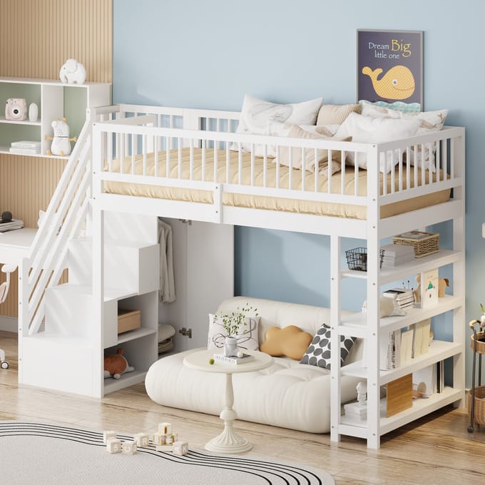 Sweiko Hoogslaper - 90 x 200 cm - met Kledingkast - Opbergplank - Houten kinderbed - Wit