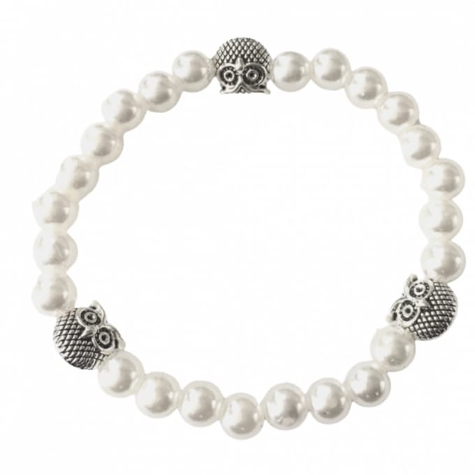 Armband -wit- met drie uiltjes -synthetische Parel -18 cm - Charme Bijoux
