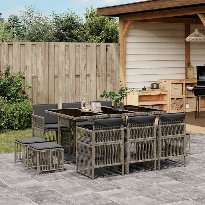 vidaXL - 11-delige - Tuinset - met - kussens - poly - rattan - grijs