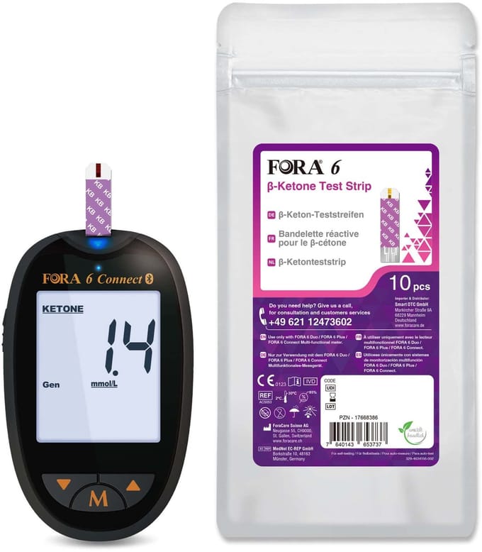 FORA 6 Connect Ketonen Meter (Multi-parameter) - Inclusief Ketose Strips/ Ketonen Strips - Keto Meter - Ketonen Meter Bloed