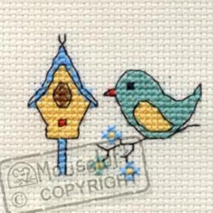 Mini Borduurpakketje  ( 6 x 6 cm ) Vogel Met Vogelhuisje - Mouseloft