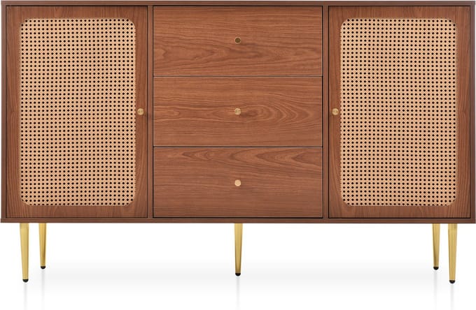 Merax Commode met 2 Deuren en 3 Lades - Rattan Dressoir met Schuifladen en Verstelbare Plank - Walnoot Bruin