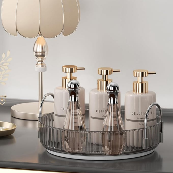 Roterende make-up organizer voor kaptafel, roterende cosmetische opslag (1 laag, rookgrijs)