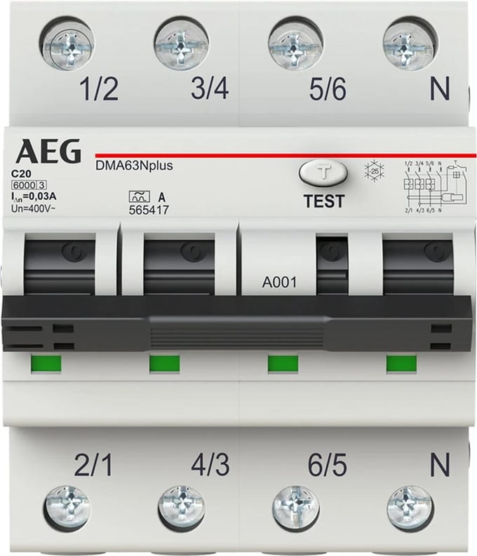 AEG aardlekautomaat 3-polig+nul 20A C-kar 30mA (DMA63N C20/030)