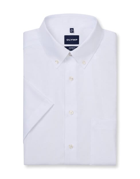 OLYMP Luxor modern fit overhemd - korte mouw - wit met button-down kraag - Strijkvrij - Boordmaat: 39