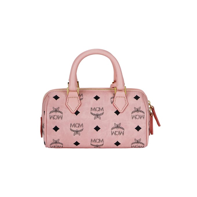 MCM Ella Monogram Gecoat Canvas en Leer Boston Tas Mini Dames handtassen Roze MWBESEA01PZ001 Basic Set (Bag+Dust Bag) beige