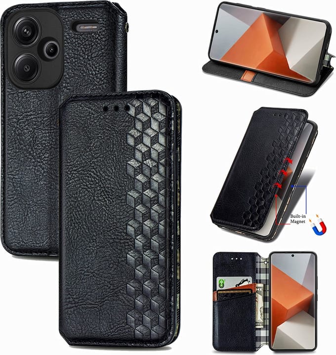 Luxe PU Lederen Ruitpatroon Wallet Case + Screenprotector voor Redmi Note 13 Pro Plus 5G _ Zwart