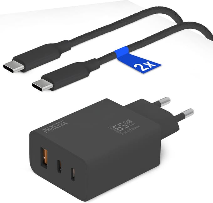65w usb C Adapter met 3 Poorten + 1 Meter usb-C Kabels - Snellader voor Laptop, Smartphone en Tablet - Universele usb-C Oplader