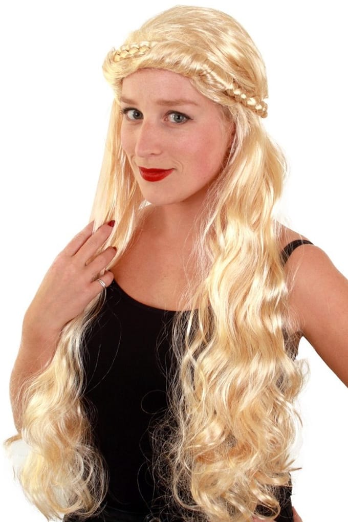 Pruik blonde krullen met vlecht