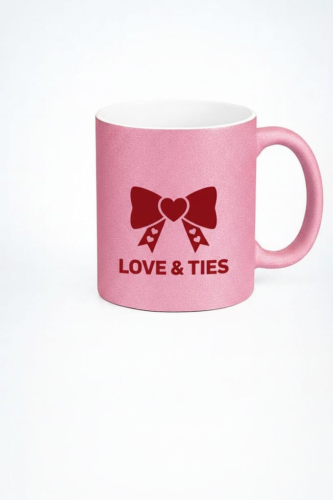 Roze Glitter Mok met Liefdes Strik & Harten - 'LOVE & TIES' Design | Romantisch Valentijn Cadeau