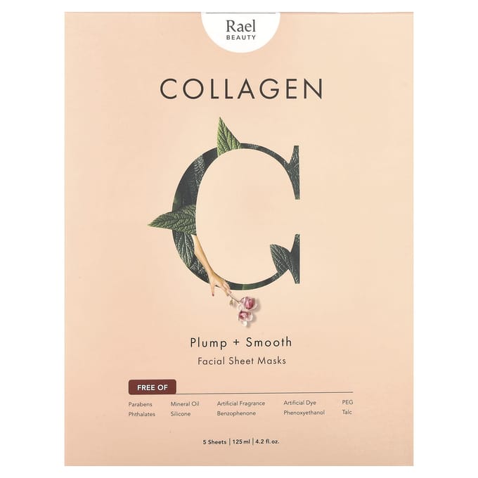 Rael, Beauté, Masque Visage Beauté Collagène, 5 feuilles, 25 ml (0,84 once liquide) chaque beige