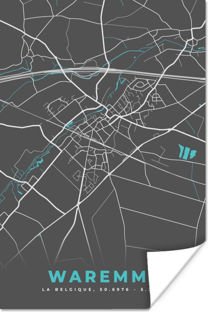 Poster Plattegrond – Waremme – Blauw – Stadskaart - Kaart - 60x90 cm