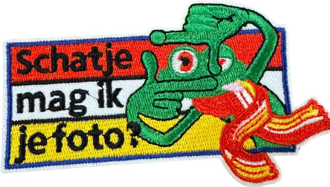 Strijkembleem/applicatie, 'Schatje mag ik je foto"