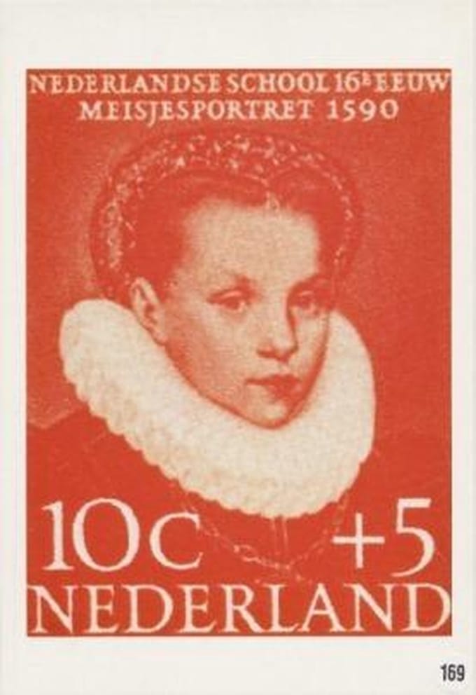 Briefkaart met afbeelding Meisjesportret 1590 postzegel