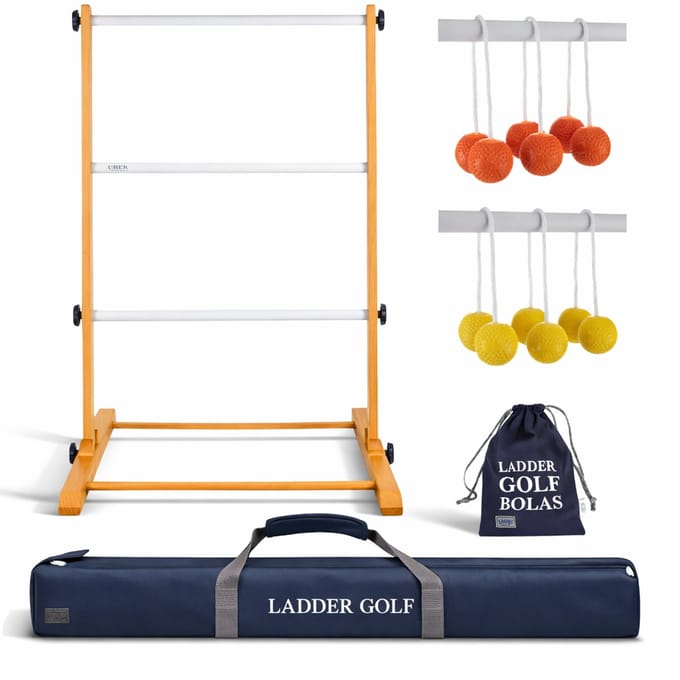 Prof. Laddergolf Spinladder set van Ubergames. SOFT ballen: Fluor Geel, Oranje