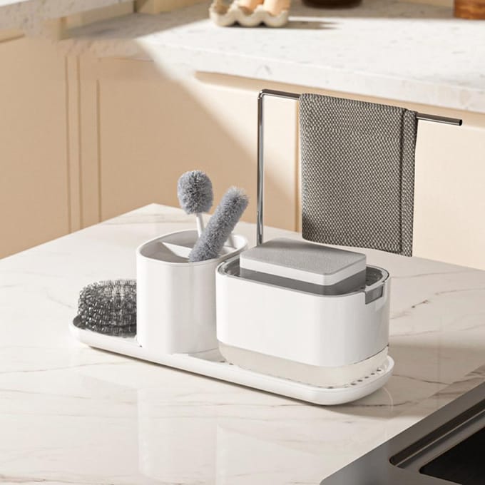 Hand- en afwasmiddeldispenserset, zeepdispenser met sponshouder en voddenhouder Push-Type vloeistof wit