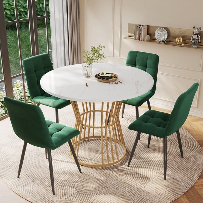 STILVORA Eettafelset Met 4 Stoelen - Ronde Eettafel 100 Cm - Marmerlook Blad - Verstelbare Poten - MDF Wit