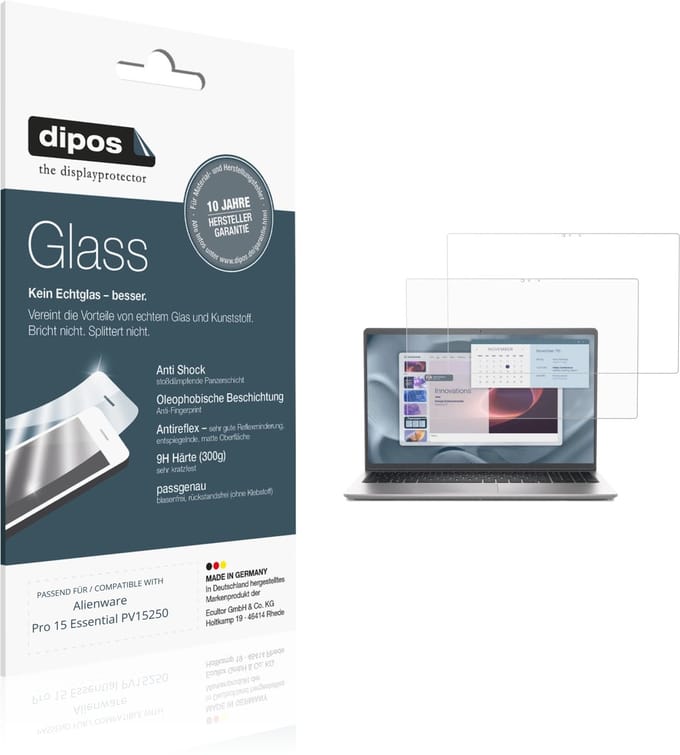 dipos – 2x Matte Pantserfolie geschikt voor Alienware Pro 15 Essential PV15250 | 9H Screenprotector