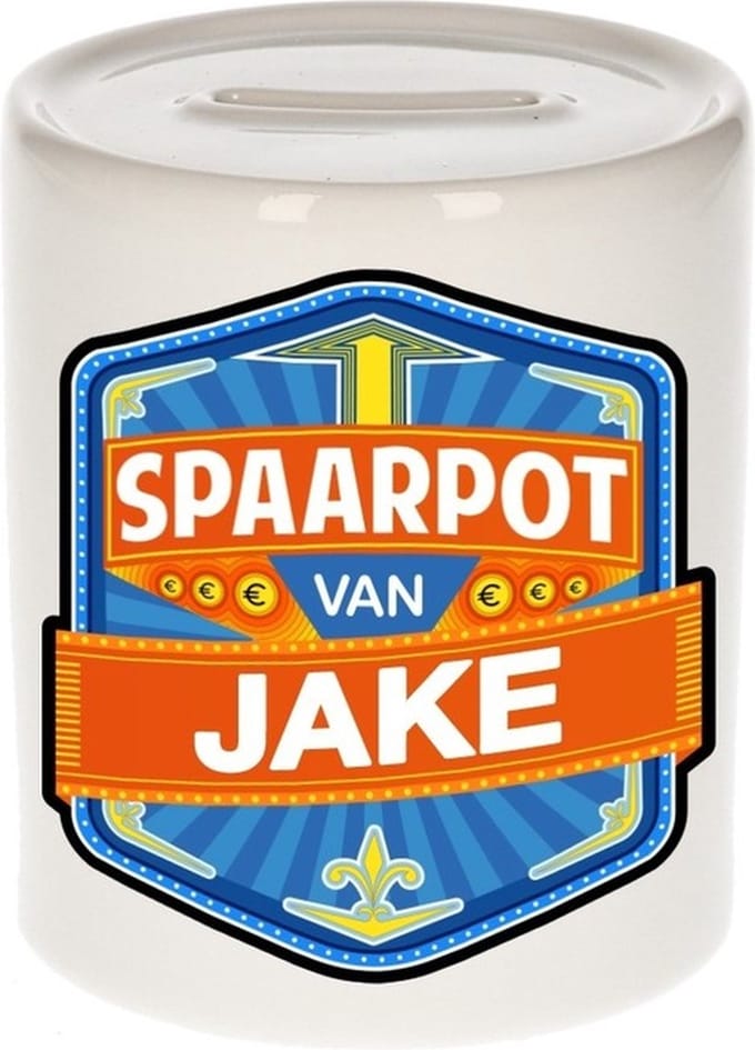 Bellatio Decorations Kinder spaarpot met naam - Jake - keramiek - met dop - wit - Sparen - Spaargeld van Jake