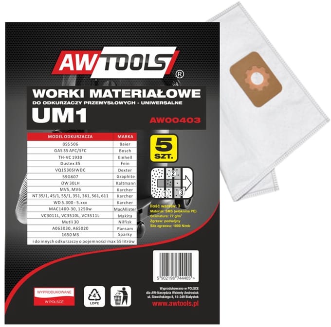 Awtools UM1 Serie - Stofzuigerzakken - 5 stuks - Microvezel - 3-laags