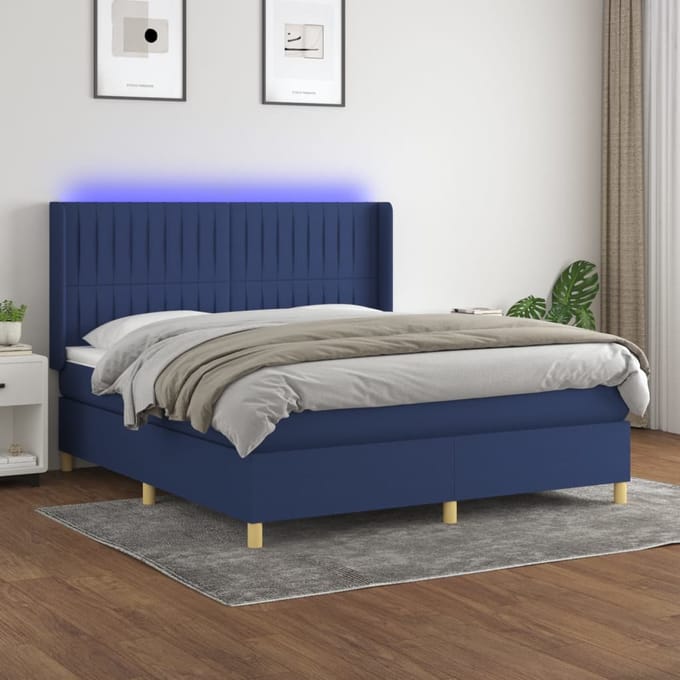 vidaXL - Boxspring - met - matras - en - LED - stof - blauw - 160x200 - cm