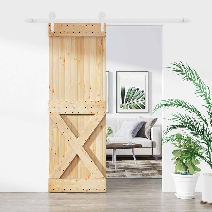 vidaXL - Schuifdeur - 80 - x - 210 - cm - Massief - grenenhout - Natuurlijk - en - Wit
