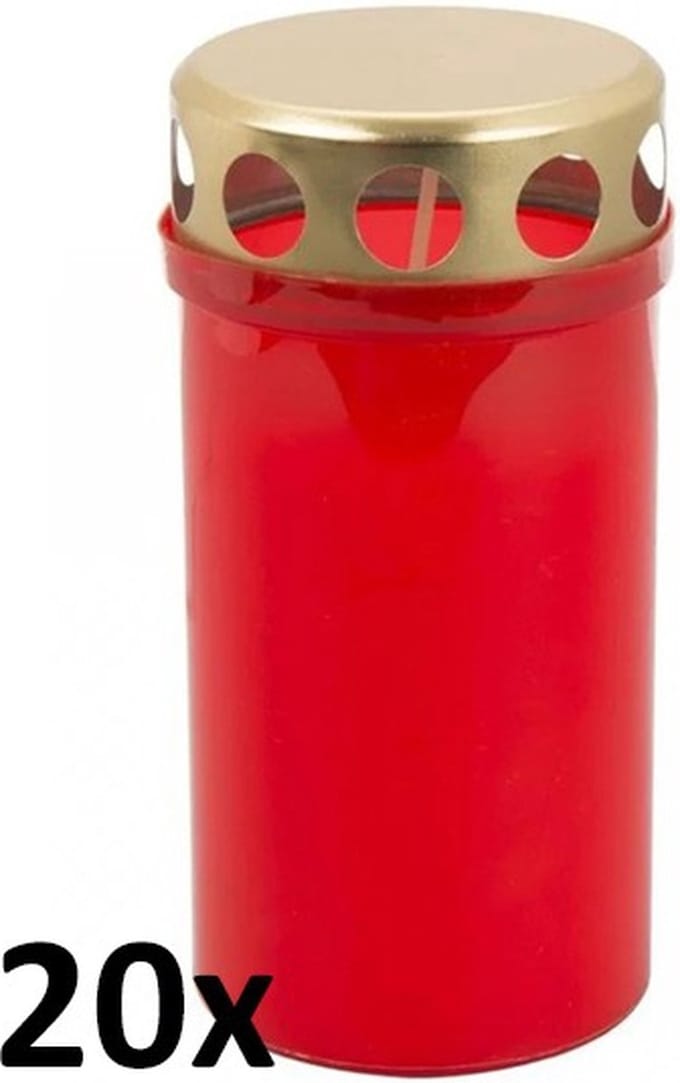 20 stuks graflicht rood transparant met regen deksel nr. 3 115/58 (52 uur)