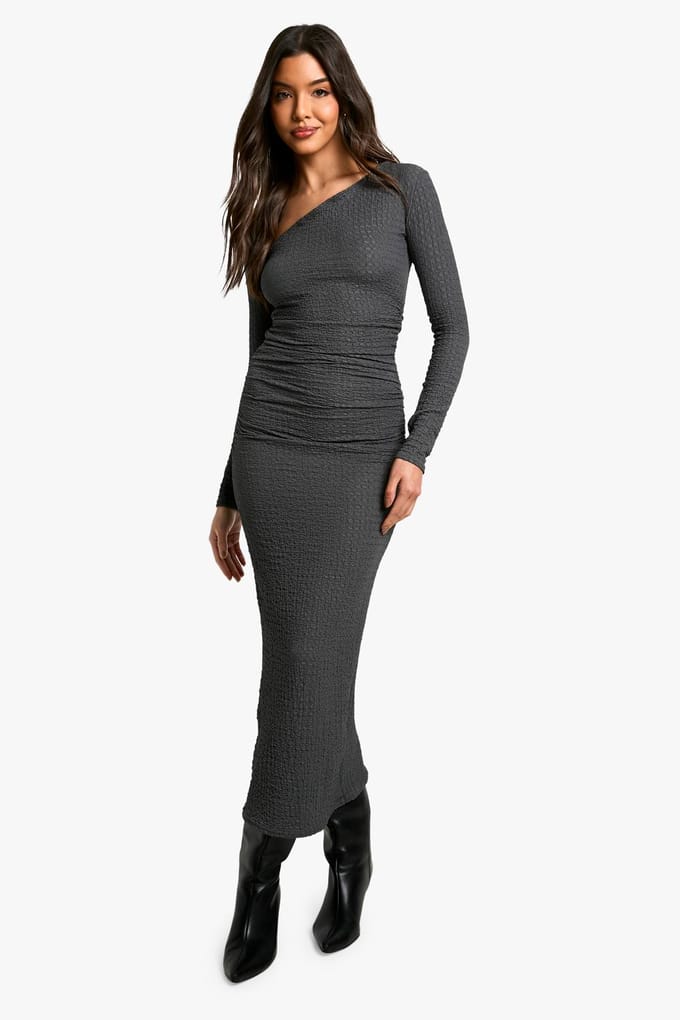 boohoo Dames Getextureerde gerimpelde asymmetrische maxi-jurk | Leisteen | Maat: 44