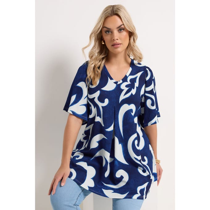 Yours Blauwe Abstracte Top Met Plooien Aan De Voorkant Size 54-56